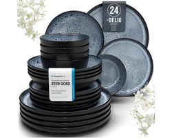 Steengoed Serviesset voor 6 Personen Ibiza 24-delig - Mediterraans Servies, Vaatwasser-, Magnetron- en Krasbestendig - Pure Living Eetgerei rokerig blauw