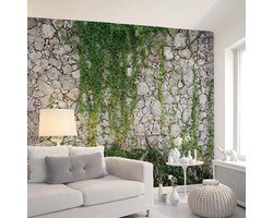 Steenmuur behang met planten, wingerd behang in 3D-look, steeneffect vliesbehang grijs groen, fotobehang met tuinmotief, 3,50 x 2,55 m, BRICOFLOR.de