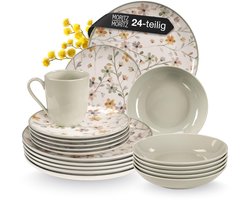 Steingut Geschirrset - Modern Tafelservice met Bloemenpatroon - 24-delig voor 6 Personen