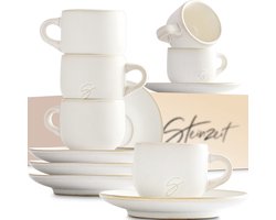 STEINZEIT Design Espresso Kopjes met onderzetter (6x80 ml) - Koffiekopjes - 100% handgemaakte - stapelbare mokken - Beker set in wit