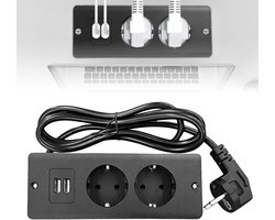 Stekkerdoos - Tweeweg Inbouwstekkerdoos - met 2 Usb-Poorten - 1,5 M Kabel - voor Bureaus, Werkbanken en Vergadertafels - Zwart