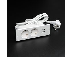 Stekkerdoos voor op het bureau met 2 stopcontacten, 2 USB-poorten en 2 meter kabel - geschikt voor werkbladen en vergadertafels (wit).