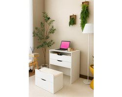 StellarWorks® Kaptafel met spiegel & LED Verlichting – Make-up Organizer & Make-up Tafel met Krukje – 2 in 1 Compact Nachtkastje - Wit