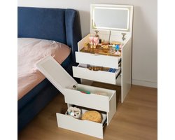 StellarWorks® Kaptafel met spiegel & LED Verlichting - Multifunctionele Make Up Tafel - Nachtkastje - Make Up Organizer - Incl Krukje