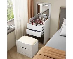 StellarWorks® Kaptafel met spiegel & LED Verlichting - Multifunctionele Make Up Tafel - Nachtkastje - Make Up Organizer - Wit - Ruimtebesparend Design