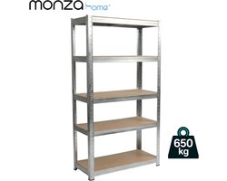 Stellingkast Metaal – Opbergrek met 5 Planken – 150 x 75 x 30 cm – 130 kg per Plank, 650 kg Totaal – Boutloos – Deelbaar tot 2 Rekken of Werkbank – Voor Garage, Berging & Kelder – Zilver – Monza Home