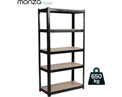 Stellingkast Metaal – Opbergrek met 5 Planken – 150 x 75 x 30 cm – 130 kg per Plank, 650 kg Totaal – Boutloos – Deelbaar tot 2 Rekken of Werkbank – Voor Garage, Berging & Kelder – Zwart – Monza Home®