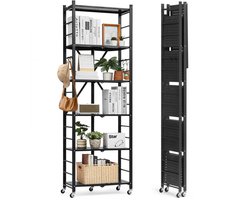 Stellingkast / Opbergrek - Metalen Rek - Opvouwbaar - Op Wielen - 6-Laags - 30 x 61 x 183 cm - Zwart