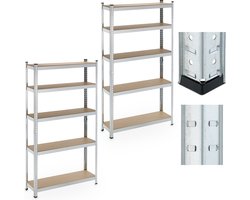 stellingkast set van 2 - 5 planken - 180x100x30 cm - tot 500 kg - staal - garage - zilver