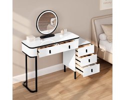 Stemap® Luxe Make Up Tafel INCLUSIEF STOEL EN 360° SPIEGEL | Kaptafel met LED Spiegel Warm/Wit Licht | 5 Laden | Wit | 130 x 126 x 40 cm