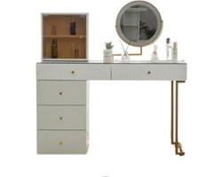 Stemily Kaptafel - LED-verlichte spiegel - Transparant Tafelblad - 5 Lades - 2 Planken - Kantelbescherming - 120 x 45 x 115 cm (zonder kruk)