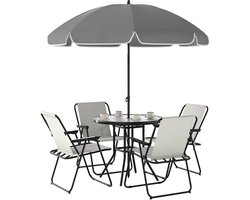 Stemily Tuinset - 6-delig - Tafel, 4 Klapstoelen & Parasol - Staal & Textileen - Glazen Tafel - Ø180cm Parasol - UV-Werend