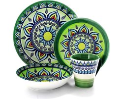 Stenen borden set voor 4 personen - Ronde borden met mandala motief - Steengoed tafelset - Groen-mosaiëk