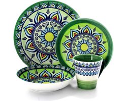 Stenen borden set voor 4 personen - Ronde borden met mandala motief - Steengoed tafelset - Groen-mosaiëk