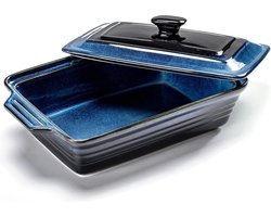 Stenen ovenschaal met deksel, grote keramische ovenschaal - 3 L, keramische braadschaal met handvatten voor lasagne, kookgerei cocotte voor de oven - reactieve glazuur blauw.