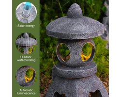 Stenen Pagode Lantaarn - Japanse Tuindecoratie - Buitenverlichting Tuin - Werkt op Zonne-energie - 20x20x30 cm - Grijs