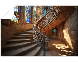 Stenen trap met glas-in-lood - Architectuur tuinprints - Tuinkunst trap - Art Nouveau - Schilderij voor tuin - Tuin decoratie voor buiten - tuinposter 60x40 cm