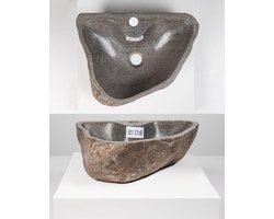 Stenen wastafel - Opzet wasbak - Badkamer decoratie - Uniek riviersteen design - 40 cm diameter - Grijs