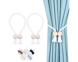 Sterke Magnetische Gordijnhouders, Handgeweven Katoenen Binders, Geschikt voor Buiten, Wit met Bolvormige Einden, Set van 2, Ideaal voor Raamdecoratie en Tuinaccessoires