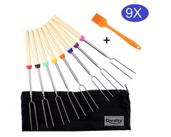 Sterke Marshmallow spiezen (8x) - Uitschuifbaar tot 80cm - Inclusief siliconen kwast - BBQ spiezen - Vleespen – Telescopische Grill spiezen – Vleesspies vork – Vleesvork - BBQ accessoires - Qwality4u