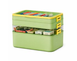 Sterke stapbare Opbergbox - 4 lagen - Om allerlei spullen te ordenen - Knutseldoos - Transparant Deksel - Dubbele Handgreep - Clipsluiting - 14 l - Groen/Geel - Sterk Materiaal - Stapelbare opbergdoos - Organizer - Opberger - Sorteerdoos