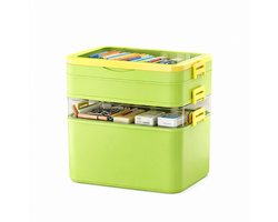 Sterke stapbare Opbergbox - 4 lagen - Om allerlei spullen te ordenen - Multifunctioneel - Transparant Deksel - Dubbele Handgreep - Clipsluiting - 14 l - Groen/Geel - Sterk Materiaal - Stapelbare opbergdoos - Organizer - Opberger - Sorteerdoos