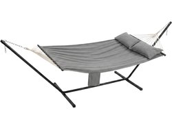 Stervia Hangmat - Hangmat Met Standaard - 2 Persoons Hangmat - Met Zijtas - Tot 300 Kg Belastbaarheid - Zwart/Grijs - 210 x 150 cm