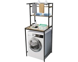 Stervia Wasmachinerek - Wasmachine Opbergrek - 3 Laags - Draagvermogen 10 Kg Per Plank - Verstelbare Voeten - Zwart/Eiken - 69 x 60 x 176,5 cm