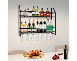 Stervia Wijnrek Hangend - Wijnrek Muur - Geschikt Voor Ca 16 Wijnflessen En 7 Glazen - Draagvermogen 30 Kg - Zwart - 80 x 12 x 62 cm