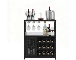 Stervia Wijnrek - Wijnkast - Opbergkast - Buffetkast - Met Glazenhouder - Met glazen deur - Zwart - Dressoir - 35 x 69 x 92 cm