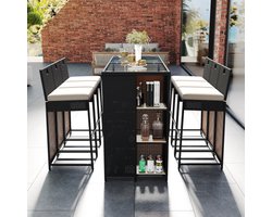 Steven Tuinlounge-set, 7-stuk tuinbar-set met kussens, aflegvlak, tafel met versterkt glas, polyrattan, zwart donkerbruin mix