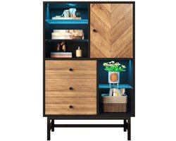Steven vitrine, vitrine met 12-kleurig LED-lichtband, keukenschrank met laden en glazen bodems, driehoekige houtmaseratie