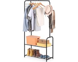 Stevige metalen stang om kleding aan te hangen - Kledingrek uitgerust met schoenenrek en haken - Losstaand rek voor mantels, overhemden en rokken - Zwart rek voor kleding