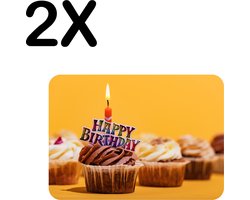 Stevige Placemat - Happy Birthday - Verjaardag Cupcake met Geel Oranje Achtergrond - Set van 2 Placemats - 40x30 cm - 1 mm dik Polystyreen - Afneembaar