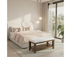 Stevige Rubber Houten Schoenenbank met Zachte Chenille Zitting, 850 kg Draagvermogen, Multifunctionele Opslag voor Hal, Slaapkamer en Woonkamer, Vintage Stijl, 80 x 40 x 45 cm, Wit