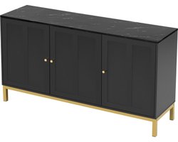 Stijlvol Elegante 3-Deurs Sideboard Met Marmeren Tafelblad Voor Keuken Woonkamer En Eetkamer Zwart
