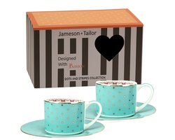 Stijlvol Espresso Kopjes met Schotel 90ml – Turkoois met Gouden Stippen – Luxe Cadeauverpakking – Perfect voor Espresso & Cappuccino Liefhebbers