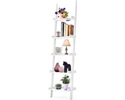 Stijlvol Ladderrek met 5 Planken - Houten Wandrek voor Boeken, Planten en Decoratie - Wit