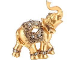 Stijlvol Standbeeld Hars Feng Shui Gouden Sculptuur - Geluksolifant Beeldje met Koffer voor Thuis- en Kantoordecoratie (9 * 9cm S)