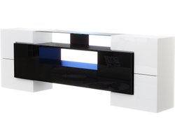 Stijlvol tv-meubel met laag paneel. Hoogglans wit en zwart, 200 cm, LED-verlichting, woonkamermeubel. Modern ontwerp. Elegant glazen oppervlak.