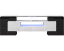 Stijlvol tv-meubel met laag paneel. Woonkamermeubel in hoogglans wit en zwart, 200 cm, LED-verlichting. Elegant glazen oppervlak