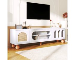 Stijlvol tv-meubel met rotanlook en glazen schuifdeur – Modern lowboard met 3 open vakken, gouden handgrepen en massieve houten poten, 170×47×37 cm