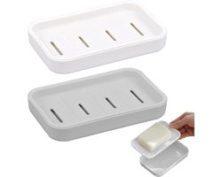Stijlvol zeepbakje - compact - set van 2 - grijs en wit - kunststof - 12,5 cm x 9 cm x 2 cm