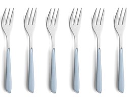 Stijlvolle 6-delige taartvork-bestekset van roestvrij staal voor 6 personen met blauwe kunststof handgrepen