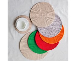 Stijlvolle antislip katoenen onderzetters, hittebestendig en rond, gevlochten placemats voor potten en pannen, lichtkaki, 38 cm