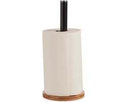Stijlvolle basic bamboe hout/metalen keukenrolhouder hout/zwart 15 x 34 cm