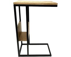 Stijlvolle Bijzettafel met Magazinehouder - Mangohout en Metaal - Zwart Bruin - Laptoptafel 45 x 30 x 70 cm