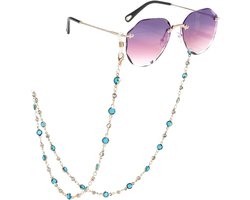 Stijlvolle brillenketting met metalen schakels en parels - Antislip brillenband in blauw