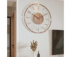 Stijlvolle en minimalistische ronde wandklok in Scandinavische stijl, gemaakt van acryl, met een retro houten uitstraling, een transparante acryl wandklok, een stille ronde wandklok op batterijen, geschikt voor de woonkamer/slaapkamer, 30 cm.