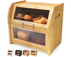 Stijlvolle extra grote houten broodtrommel voor aanrecht in de keuken, dubbele laag met doorzichtige ramen en ventilatieopeningen - houdt brood, bagels en broodjes vers - 40 x 26,4 x 13,4 cm